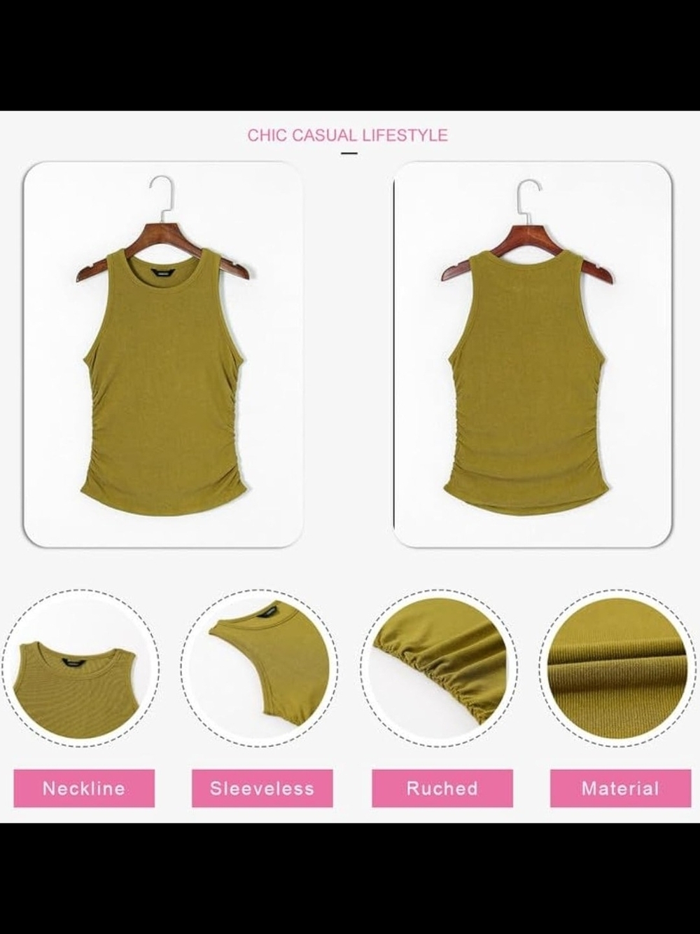 Ribbed Side-Ruched Tank Top - Olive - Picture 7 of 7